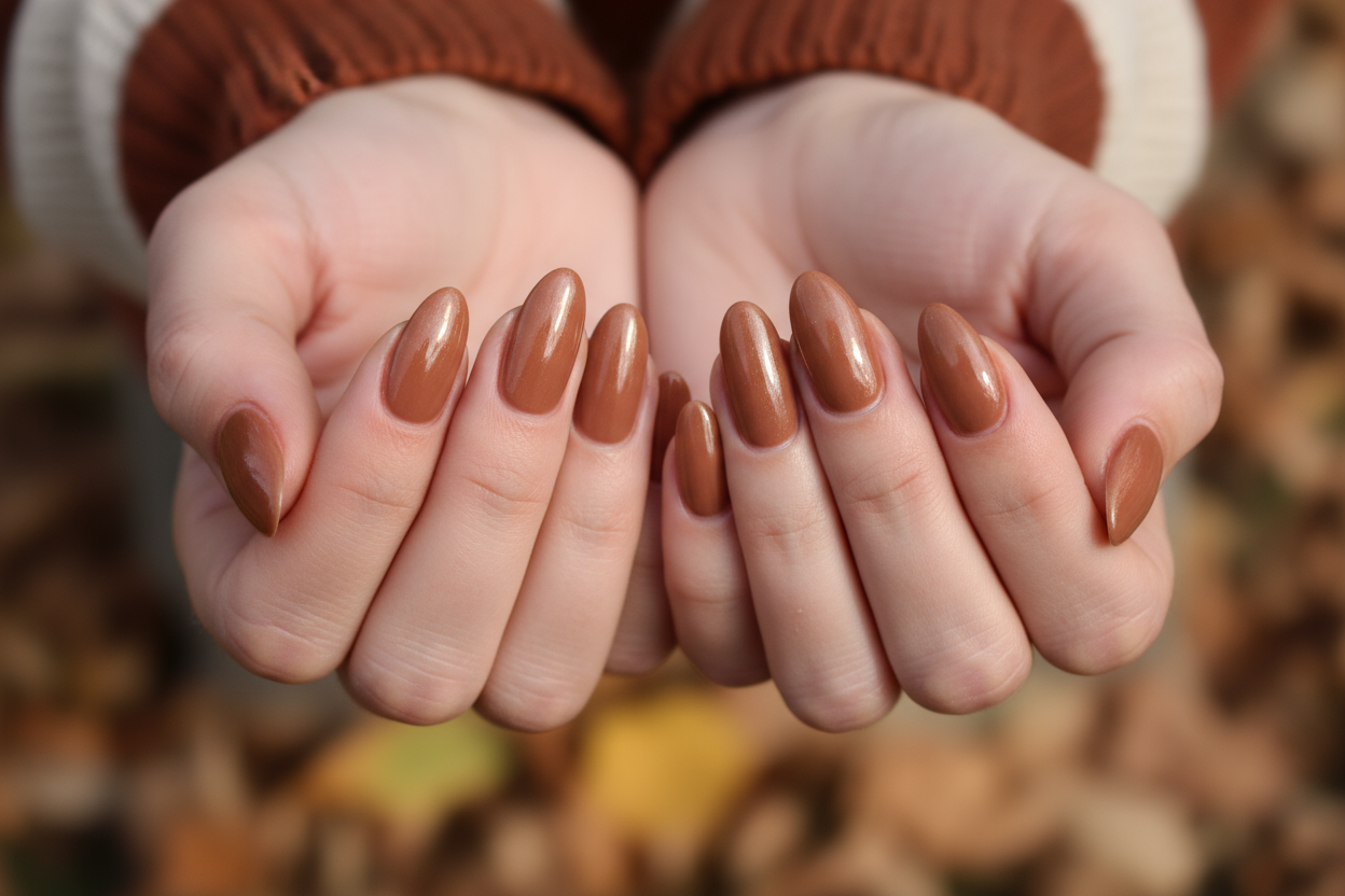 fain una foto con mani reali, unghie lunghe colore autunnop,marrone  chiaro 