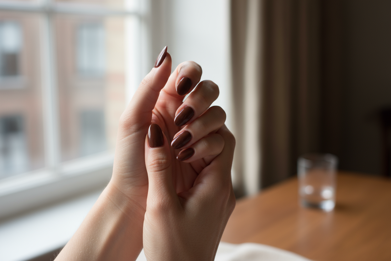 foto di mani reali con unghie lunghe colore marrone,