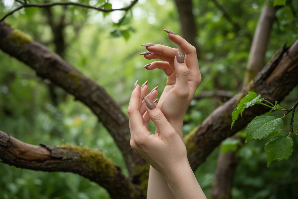 foto mani reali con unghie lunghe,ambiente naturale, colore talpa