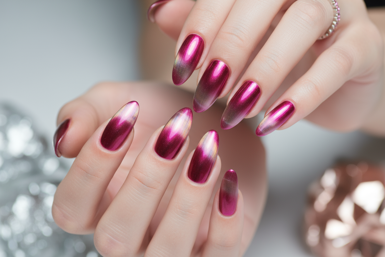 foto mani unghie lunghi smalto meatllico effetto cat eye colore fucsia