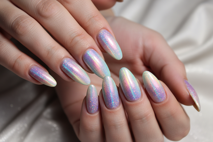 foto reali,mani unghie liunghe, smalto metallico effetto cat eye brillantinato colore unicorno