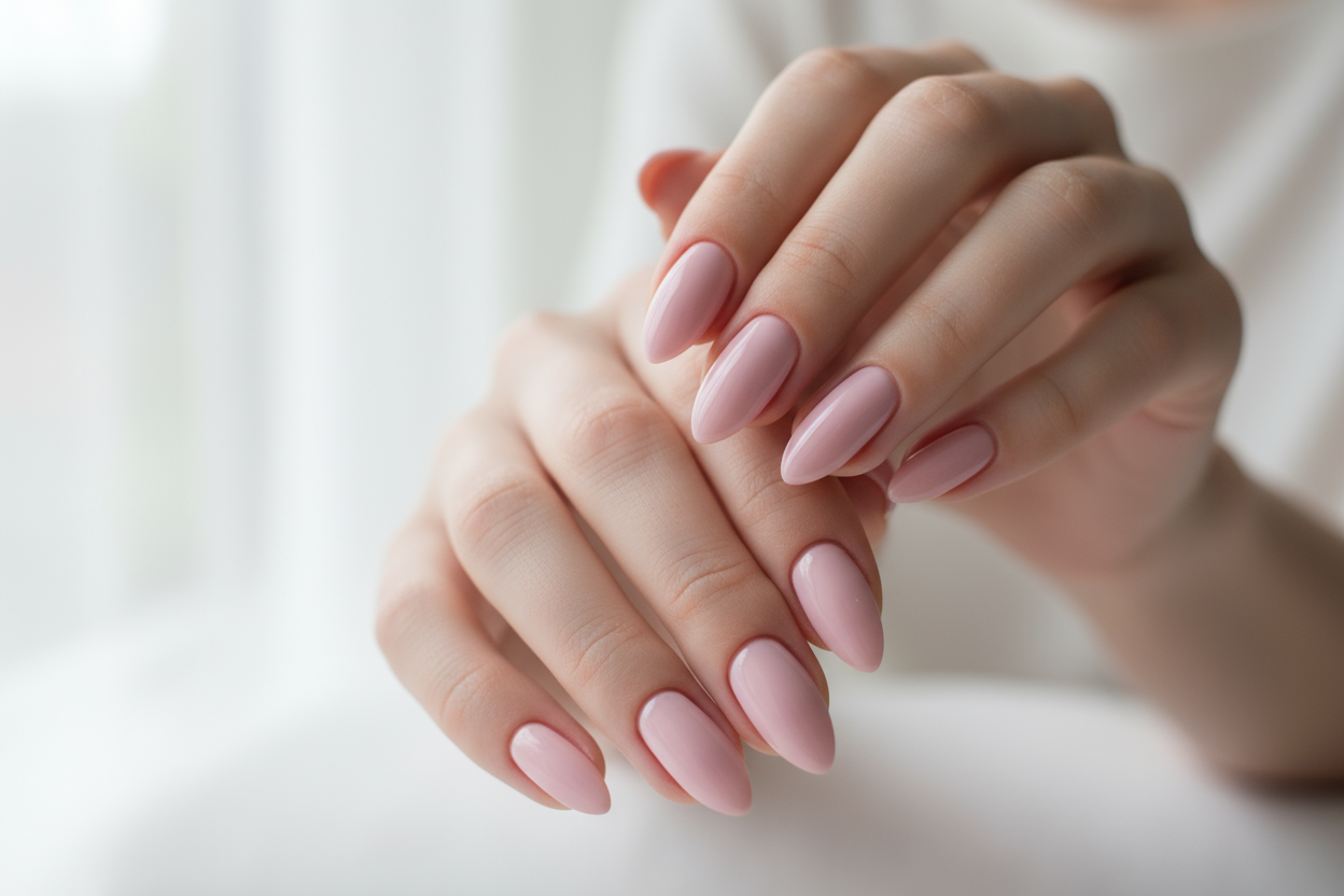 foto realistica di mani con unghie lunghe smalto gel color rosa latte