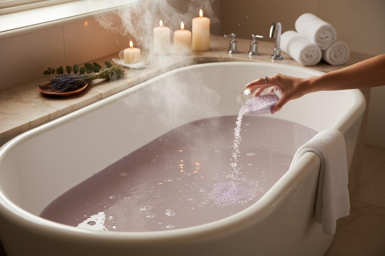 mostra come si usano i sli da bagno. includi vasca con acqua calda, relax