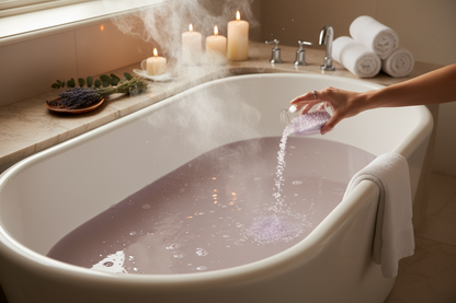 mostra come si usano i sli da bagno. includi vasca con acqua calda, relax