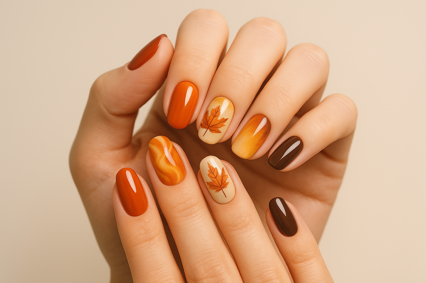 unghie finish autunnale colore arancione, marrone, 